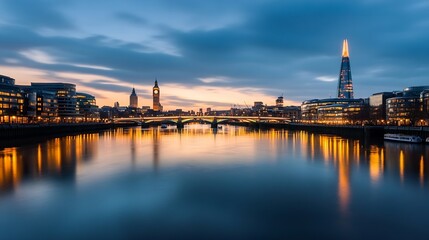 Poster - Stunning Twilight Cityscape View of London with Reflections on the Thames River : Generative AI