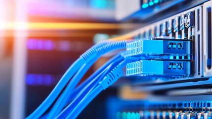 Poster - Close-up of Fiber Optic Cables Connected to High-Speed Internet Network Equipment in Data Center : Generative AI