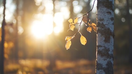 Poster - Golden Autumn Leaves Glowing in Warm Sunlight Over Blurred Forest Background : Generative AI