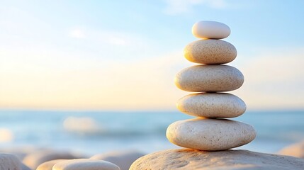 Fototapete - Zen Garden with Stacked Pebbles Against a Soft Sunrise Background for Peaceful Vibes : Generative AI