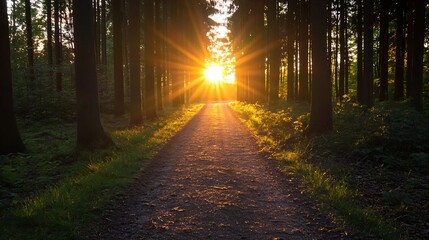 Poster - Enchanting Pathway in Forest with Sunlight Breaking Through Trees : Generative AI