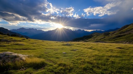 Aufkleber - Spectacular Sunset Over Rolling Hills and Majestic Mountains in Lush Green Landscape : Generative AI