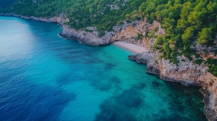 Poster - Aerial view of a pristine beach surrounded by greenery highlighting the beauty of nature and tranquility : Generative AI