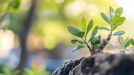 Poster - Close-up of small green plant sprouting from a piece of wood symbolizing growth and nature : Generative AI