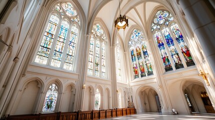 Poster - Grand and Majestic Interior of a Gothic Style Church with Vibrant Stained Glass Windows : Generative AI