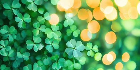 Poster - A vibrant background featuring green clover leaves with soft, glowing bokeh lights in warm colors, creating a fresh and lively atmosphere.