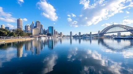 Aufkleber - Breathtaking View of Sydney City Skyline Reflected in Calm Waters with Blue Sky and Clouds : Generative AI