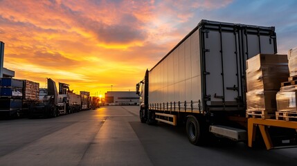 Aufkleber - Vibrant Sunset Over a Busy Transportation Hub with Trucks Parked in a Row : Generative AI