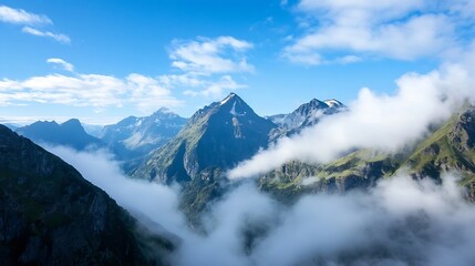 Poster - Breathtaking View of Majestic Mountains Surrounded by Clouds and Blue Sky : Generative AI