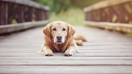 Poster - Golden Retriever Lying on Wooden Dock with Relaxed Expression in a Natural Setting : Generative AI