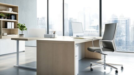Aufkleber - Modern Bright Office with Large Windows Offering Stunning Cityscape Views and Minimalistic Decor : Generative AI
