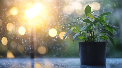 Poster - Potted plant with water droplets shining in soft sunlight from the window : Generative AI