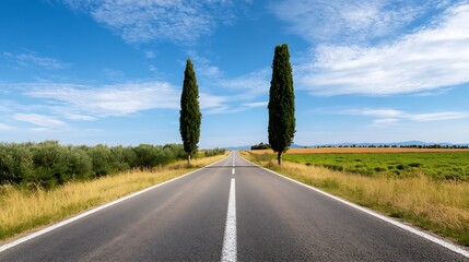 Poster - Scenic country road lined with cypress trees under bright blue sky : Generative AI
