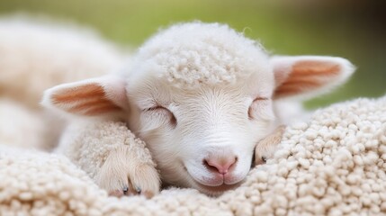 Poster - Cute fluffy lamb sleeping peacefully on a cozy blanket with a serene expression enhancing cuteness : Generative AI