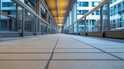Aufkleber - Perspective view of a long corridor with glass walls and smooth tile floor reflecting light : Generative AI