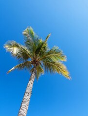 Poster - Tall palm tree with green leaves against bright blue sky symbolizing relaxation and vacation : Generative AI