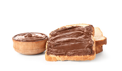 Wall Mural - toasts with sweet chocolate spread on white background