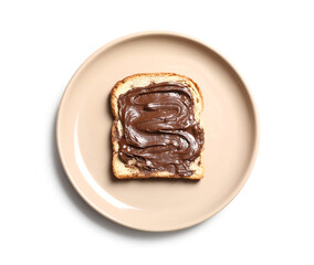 Wall Mural - plate of toast with sweet chocolate spread on white background