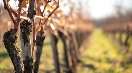 Poster - Budding Grapevines in Vineyard Rows during Vibrant Spring Morning Light : Generative AI