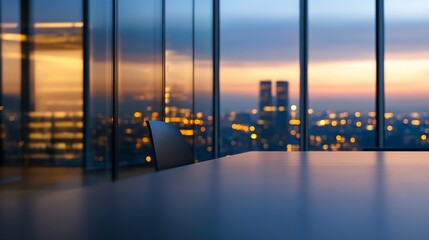 Poster - Stylish office workspace featuring modern chair and table with stunning city skyline lit up during twilight : Generative AI