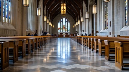 Aufkleber - Stunning Interior of a Chapel with Wooden Benches and Colorful Stained Glass Windows : Generative AI