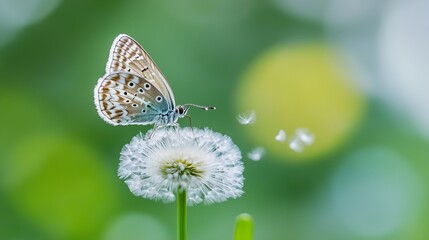 Poster - Delicate Butterfly on a Dandelion Flower With a Colorful Abstract Background : Generative AI