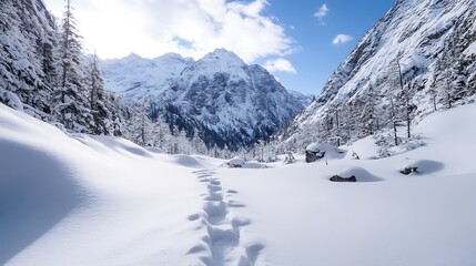 Poster - Breathtaking Snow-Covered Mountain Landscape Captured on a Clear Winter Day with Footprints : Generative AI