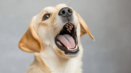 Poster - Happy Labrador Dog with Open Mouth and Playful Expression on a Gray Background : Generative AI