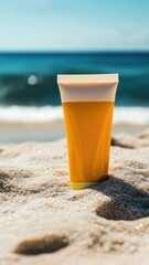 Poster - A plastic cup sits atop the sandy beach, ideal for use as a prop in coastal-themed scenes or as a symbol of relaxation.