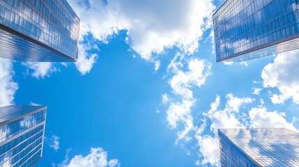Poster - Modern Glass Skyscrapers Against Blue Sky With Clouds In Urban Cityscape Perspective : Generative AI
