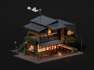 Poster - Isometric view minimal japanese restaurant container store exterior architecture, 3d rendering digital art.	
