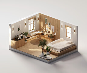 Poster - Isometric view bed room open inside interior architecture 3d rendering digital art	
