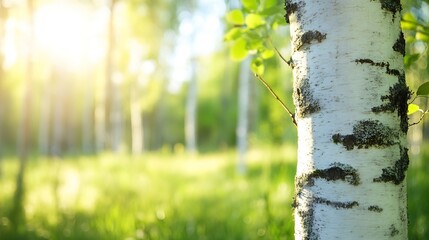 Leinwandbilder - Close-up view of a beautiful birch tree trunk in a sunlit forest : Generative AI