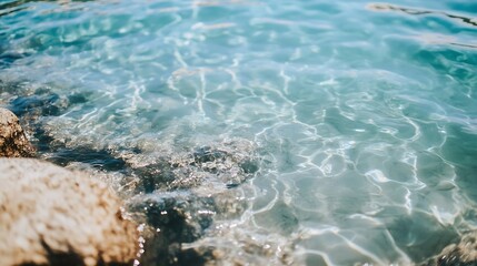 Poster - Crystal Clear Water Rippling Gently Over Rocks with Sunlight Reflections Creating a Serene Beach Scene : Generative AI