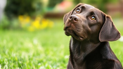 Poster - Beautiful Brown Labrador Retriever Dog Looking Up Adorably in Green Grass : Generative AI