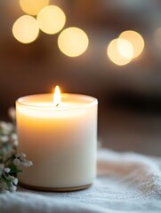 Aufkleber - A Beautiful Candle Burning with Soft Bokeh Lights for Relaxation : Generative AI