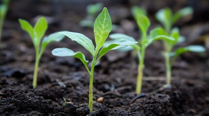 Poster - Close Up of Young Seedlings Growing in Healthy Soil under Natural Light : Generative AI