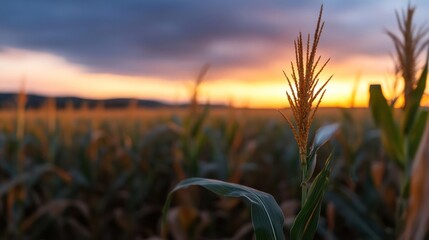 Poster - Vibrant corn field at sunset featuring golden light over green corn stalks against a soft, dramatic cloudy sky. Close up view, with blurred background, emphasizes agricultural beauty and tranquil