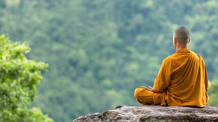 Aufkleber - Buddhist Monk Meditating Peacefully on Rock Overlooking Greenery : Generative AI