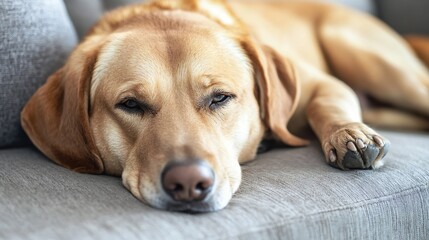 Poster - Relaxed Yellow Labrador Dog Lying Comfortably on a Gray Couch with Distinctive Expression : Generative AI