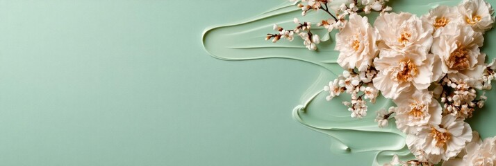 Aufkleber - Elegant close up features delicate white blossoms with brown stems set against a smooth light green backdrop. The arrangement is complemented by translucent gel ripples, creating a serene and