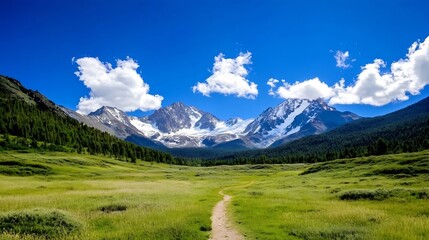 Aufkleber - Breathtaking Landscape of Majestic Mountains Under a Bright Blue Sky and Lush Greenery : Generative AI