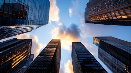 Aufkleber - Dramatic Cityscape of Tall Skyscrapers Against a Beautiful Sunset Sky : Generative AI