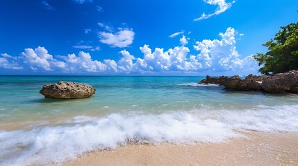 Poster - Tropical Beach Scene with Clear Sky and Gentle Waves on a Sunny Day : Generative AI