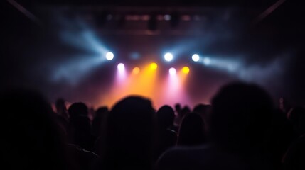 Poster - A blurred view of a crowd silhouette with glowing stage light, featuring white and yellow light in a hazy, dark concert venue. The focus is on the crowd's silhouette against the illuminated stage