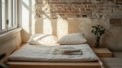 Poster - Cozy Minimalistic Bedroom with Soft Textiles and Natural Light Filters Through Windows : Generative AI