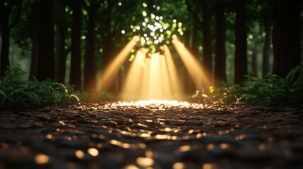 Poster - A ground-level perspective captures sunlight filtering through a dense forest, creating a golden glow on the path. The scene emphasizes the contrast between light and shadow, highlighting the natural