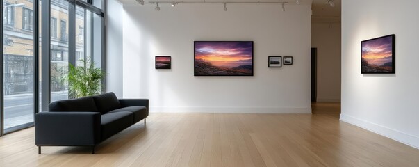 Aufkleber - A gallery exhibits various framed landscape artworks under spot lights, accented by a grey sofa and vibrant green plant near large windows. Interior features light wooden floors, enhancing the