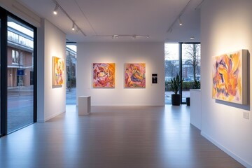 Poster - Interior view of a modern art gallery with white walls and light wood floors, featuring colorful abstract paintings. Gallery is illuminated by track lighting and natural light streaming through a