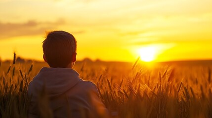 Aufkleber - Boy Watching the Sunset in Golden Wheat Field Capturing the Beauty of Nature and Childhood Innocence : Generative AI